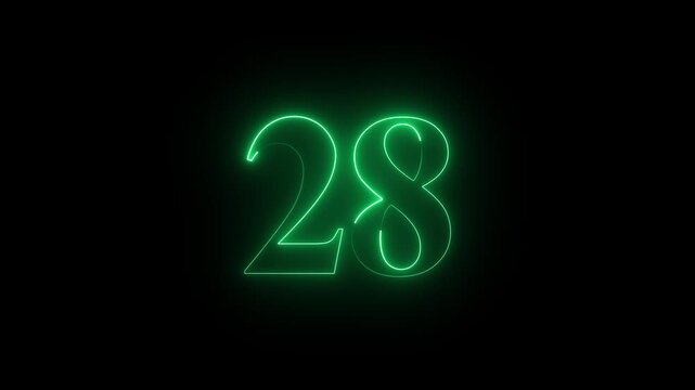 Futuristic neon number 28 animation, glowing numeric digits forming smoothly from light trails, vibrant energy pulses surrounding the number, sleek cyberpunk style, dynamic illumination effects..