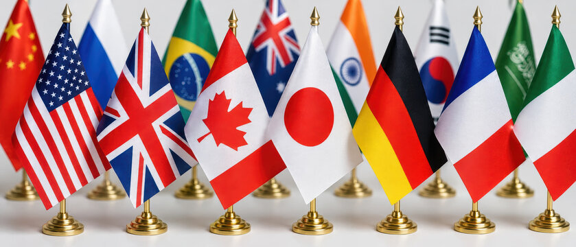 International flags on gold stands representing various countries in neat row, symbolizing global unity and diplomacy