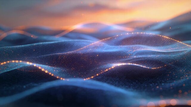 Camera starting close, mesh undulating tracing glowing points and drifting bokeh, showing depth