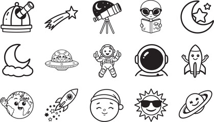 A collection of whimsical black and white illustrations depicting celestial bodies, space exploration, and cute extraterrestrial characters, perfect for educational or playful content. © DesignINKZ