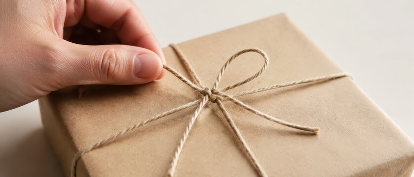 Hand tying natural twine string on brown paper wrapped gift box with soft light background