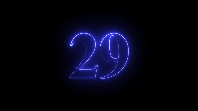 Futuristic neon number 29 animation, glowing numeric digits forming smoothly from light trails, vibrant energy pulses surrounding the number, sleek cyberpunk style, dynamic illumination effects..
