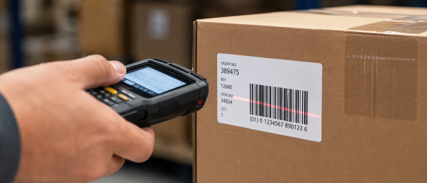 Barcode scanner reading label on cardboard box in warehouse environment with hand holding device for inventory management