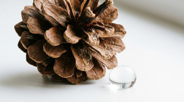 Pinecone with water droplet on white surface, natural texture and organic detail captured in soft light