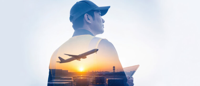 Man with cap holding tablet with airplane flying over airport at sunset, symbolizing travel planning and aviation industry inspiration