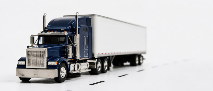 Semi truck model on white surface with road lines, detailed miniature vehicle with trailer, transportation concept