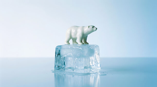 Polar bear figurine on melting ice cube with water drops on reflective surface, symbolizing climate change and environmental concern