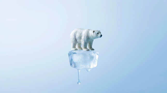 Polar bear figurine standing on melting ice cube with water drops, symbolizing climate change and environmental concern in cold blue background