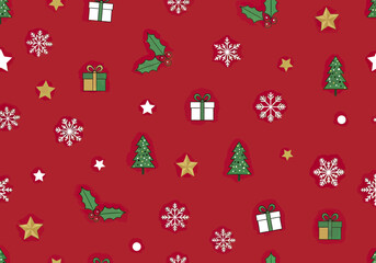Naklejka premium Seamless pattern featuring traditional Christmas ornaments and festive botanical elements in shades of red and white, suitable for holiday-themed gift wrapping paper and seasonal textile design.