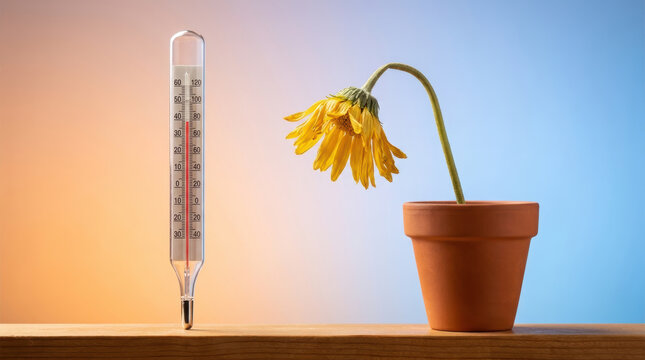 Wilting yellow flower in clay pot next to thermometer on wooden surface with warm and cool gradient background