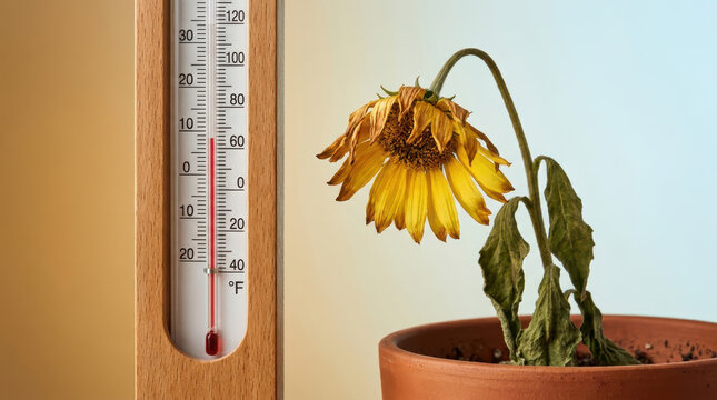 Wilted sunflower drooping in pot next to wooden thermometer showing temperature in Fahrenheit, symbolizing heat stress and dryness