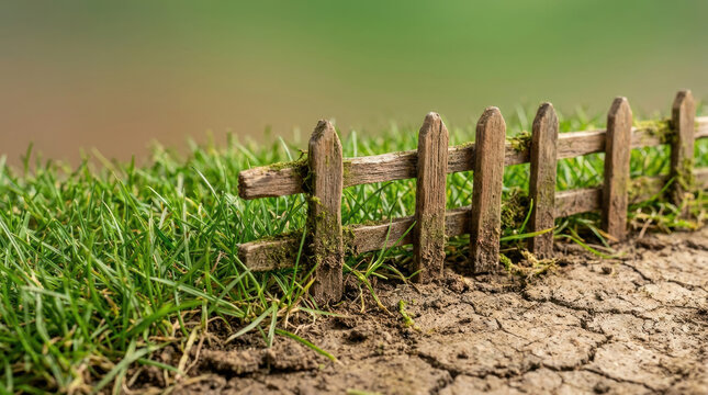 Wooden fence separating grass and dry cracked dirt in natural outdoor setting with moss on wood