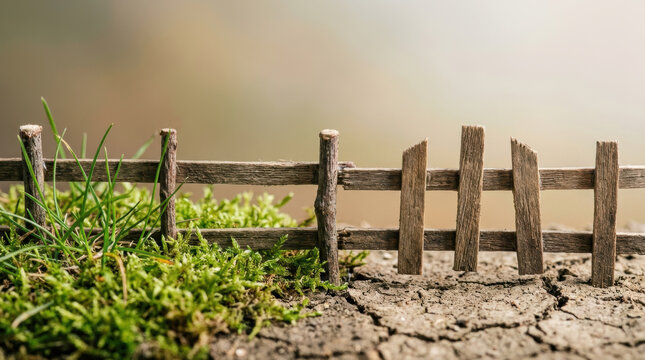 Wooden fence separating grass and dry cracked soil in natural outdoor setting with soft background light