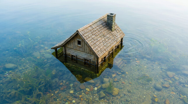 Wooden house submerged in clear water with visible stones and aquatic plants, creating calm and serene atmosphere