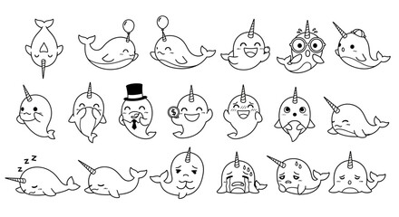 Whimsical Narwhal, Cartoon Narwhals, Vector Narwhal Icons, Funny Sea Creatures, Black and White Illustrations © Turbo