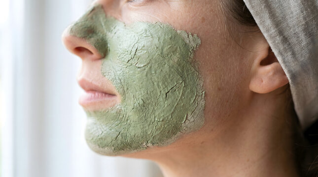 woman applying green clay facial mask for skincare and relaxation close-up portrait