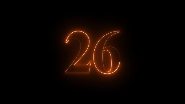 Futuristic neon number 26 animation, glowing numeric digits forming smoothly from light trails, vibrant energy pulses surrounding the number, sleek cyberpunk style, dynamic illumination effects...