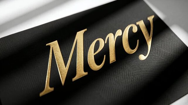 Shifting camera revealing gold-foiled Mercy embossing on black substrate in studio, to reveal sheen