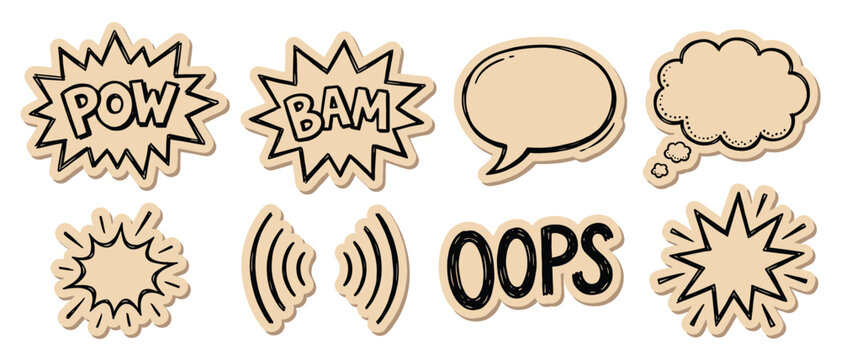 Comic Sticker Set. Hand drawn cartoon speech bubble and burst icon collection on kraft paper scrapbook background featuring pow, bam and oops text for comic design.