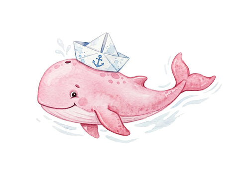 Cute pink whale character swimming happily with a small paper boat featuring a blue anchor illustration on its head rendered in a soft artistic watercolor style isolated on transparent background