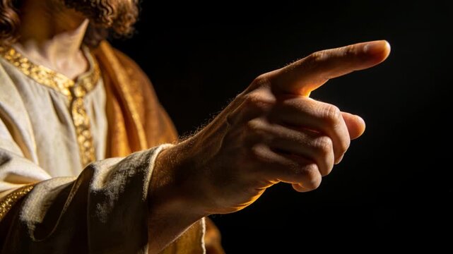 Pointing male model in gold robe starting extended arm in rim-lit studio posing finger for modeling