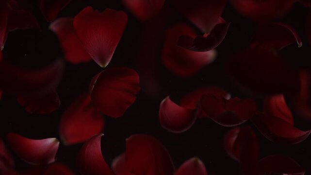Drifting red rose petals tumbling and rotating in studio backlight, carried by subtle air currents