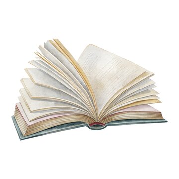 Watercolor illustration of an open vintage book with fluttering blank pages isolated on white background.
