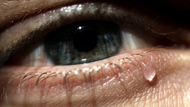 Recording macro eye showing tear bead growing, sliding along lower eyelid as soft light hits bead