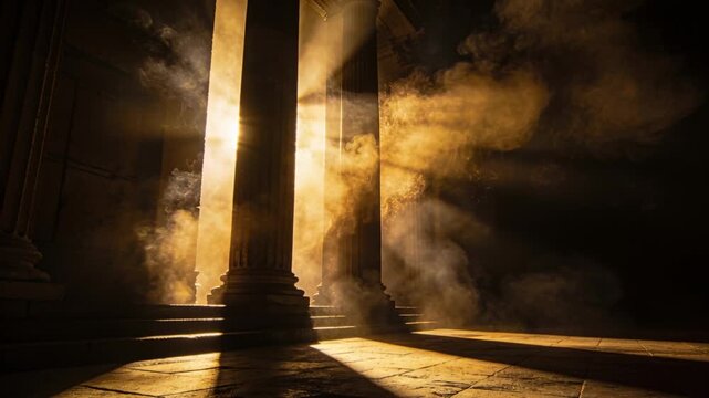 Receiving golden beams, three fluted columns revealing drifting dust in stone hall across steps