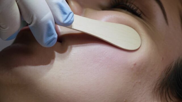 Bringing wooden spatula gloved clinician pressing gliding cheek in clinic treating nasolabial fold