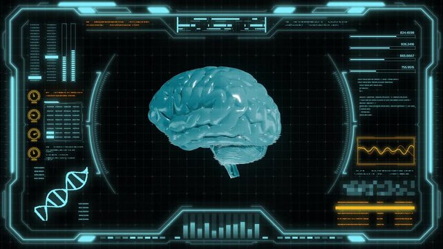 Futuristic neuroscience interface displaying 3D human brain scan with DNA sequencing data, biometric analytics, holographic HUD elements, medical technology dashboard, cyber healthcare visualization.