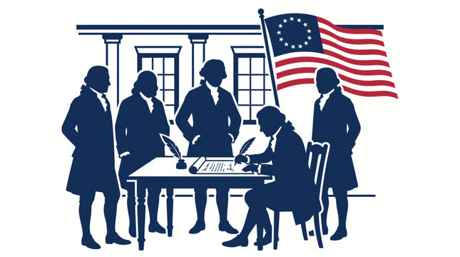 Signing of the declaration of independence historic scene in blue silhouette