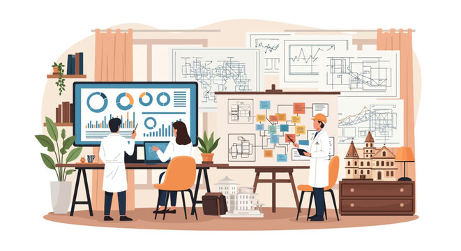 Scientists working in a modern laboratory with data charts and diagrams.