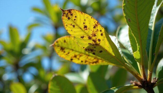 Close up of yellowed citrus leaves with dark spots showing severe pest damage. Affected plant needs chemical treatment for survival. Green foliage and blue sky background are visible.
