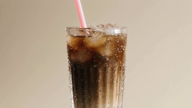 clear glass of iced coffee with a pastel pink straw