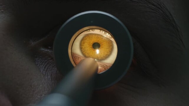 Activating illuminated scope, clinician aligning handheld scope at clinic, revealing iris detail