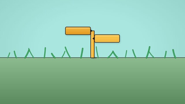 A clean 2D vector animation featuring a blank double-sided signpost rising from the ground with growing grass and abstract geometric shapes on a pastel teal background