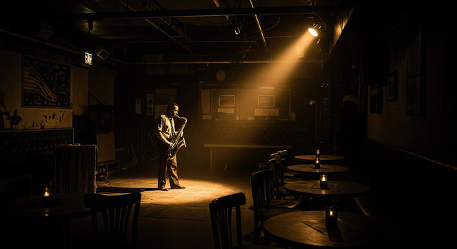 Solo Saxophone Player Performing Under Spotlight in a Dimly Lit Vintage Jazz Club