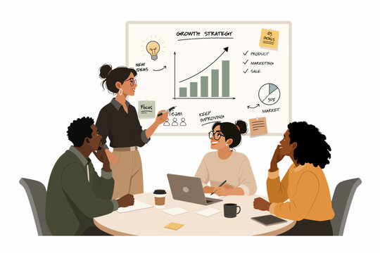 Startup business team brainstorming growth ideas with financial chart on whiteboard concept