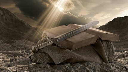 Obraz premium Bible and Sword Representing Faith, Strength and Protection