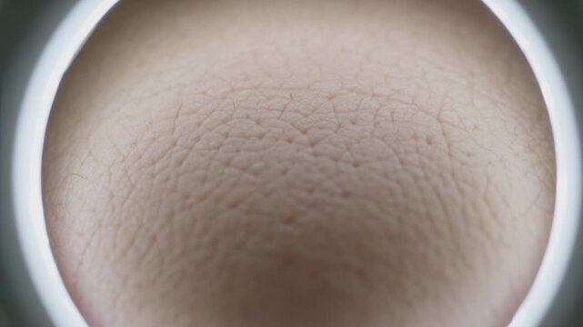 Focusing camera recording zoomed skin patch at clinic, framed by ring light showing pores for exam