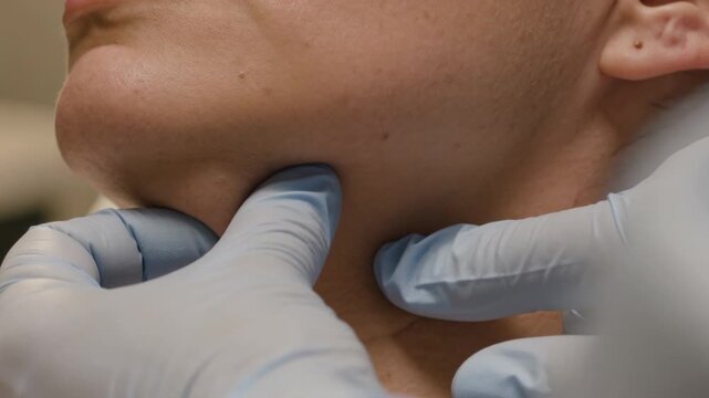 After reclining blue-gloved clinician palpating patient's jaw and neck in exam, checking lumps