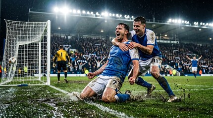 Naklejka premium Excited Soccer Players Celebrating Goal Victory on Muddy Pitch in Stadium