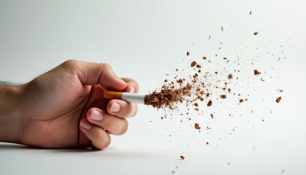 Hand crushes cigarette into pieces. Concept for quitting smoking. Stop bad habit, choose healthy life. Symbol of freedom from addiction, breaking chains.