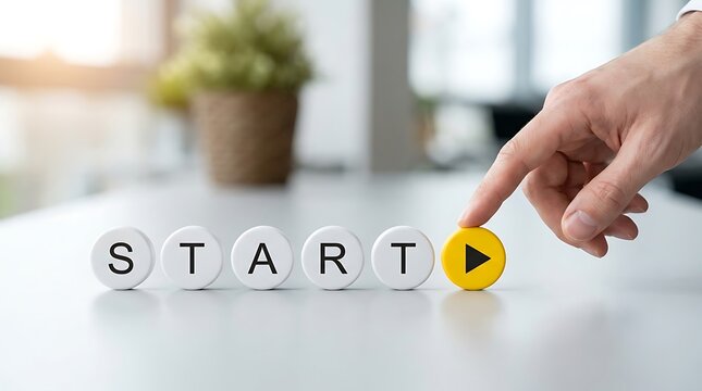 Strategic Project Launch Concept: Hand Pressing Play Button Symbolizing New Business Beginnings, Innovation, and Future Growth Development