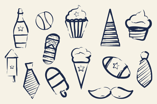 Independence day picnic doodle graphics rustic 4th of july elements line art naive design