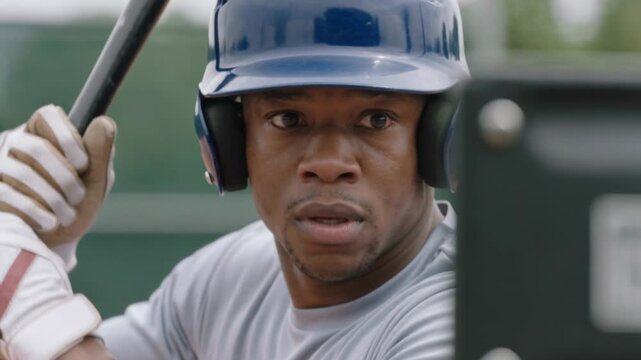 Tracking incoming pitch, batter adjusting grip and stance at field, with black bat and navy helmet