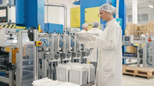 Caucasian woman wearing lab coat and hairnet inspecting stack of aluminum containers in control department. Standing beside industrial machinery in clean production facility.