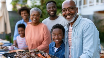 Obraz premium Family gathering celebrating Independence Day in the backyard, grilling barbecue with diverse members smiling and enjoying the festive atmosphere together