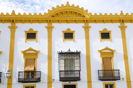 The elegant historic facade of the Palace of the Marquises of Solanda in Zafra, Badajoz, Spain